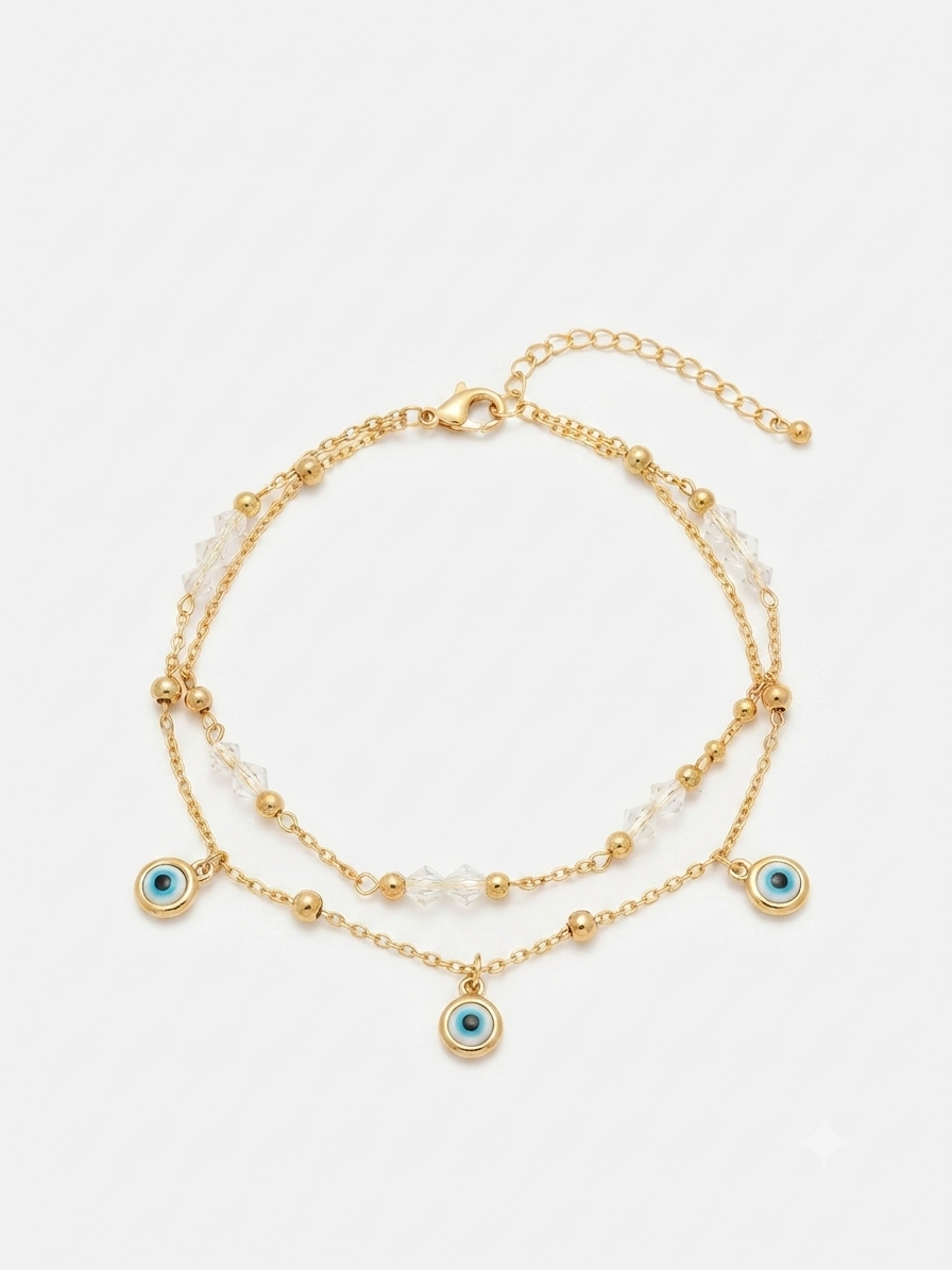 Tobillera dama accesorio doble cadena con ojitos protectores ✨🧿