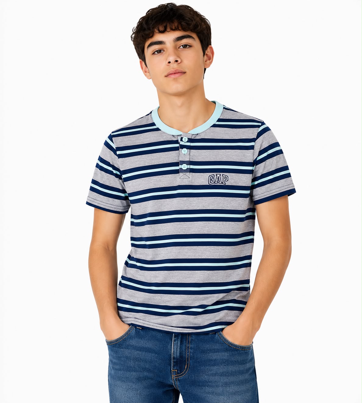 Playera niño cuello redondo rayas gris, azul marino y azul cielo