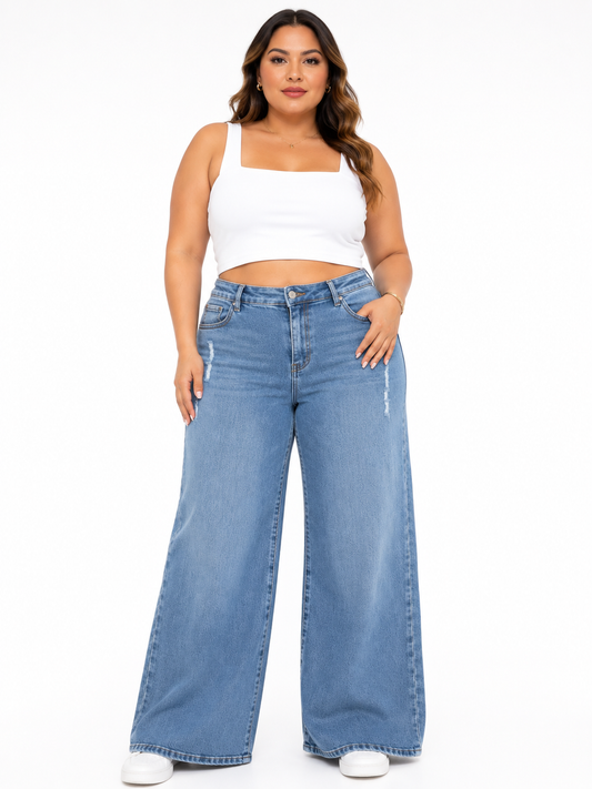 Pantalón dama mezclilla wide leg plus size