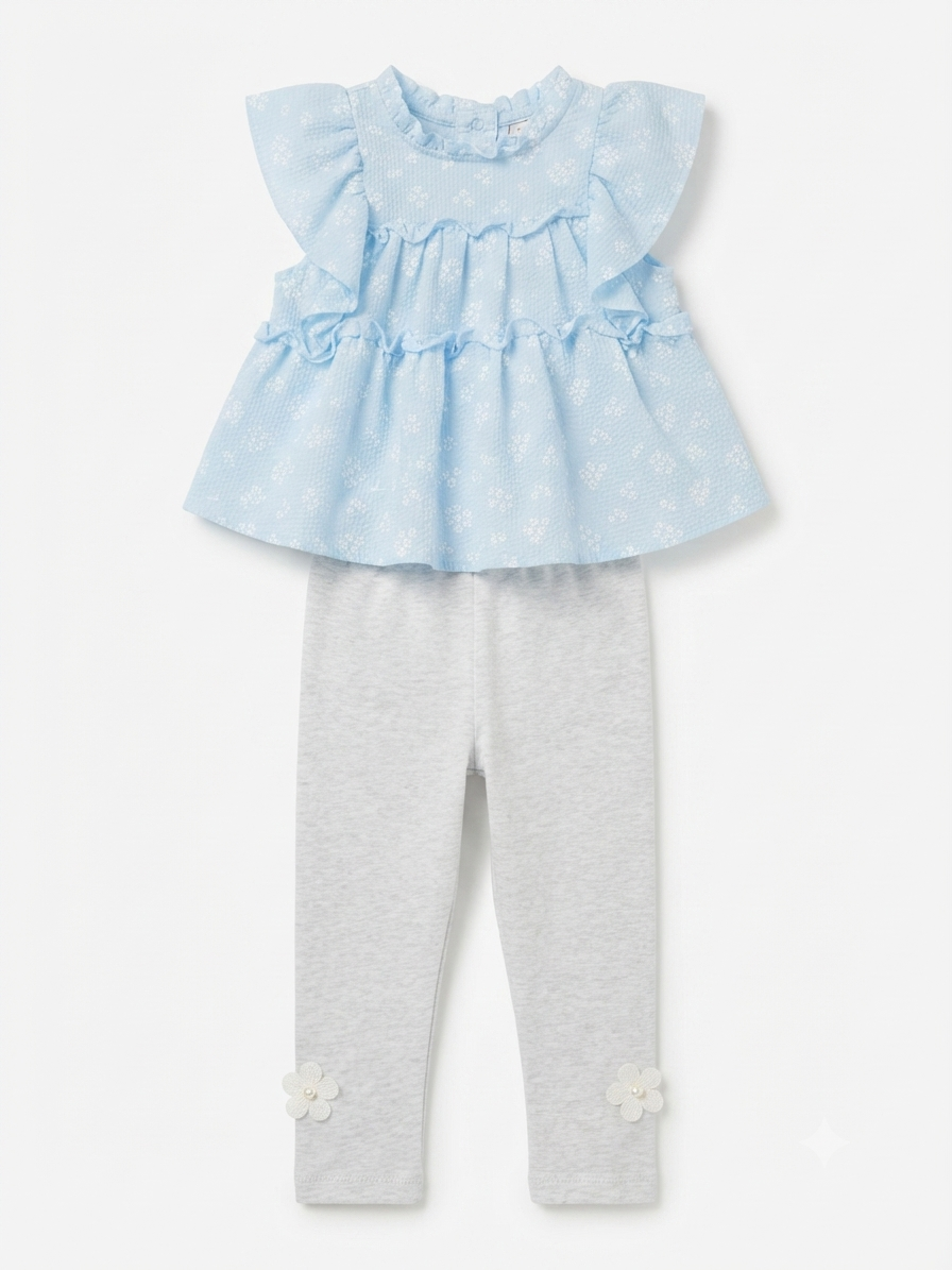 Set niña con blusa azul de olanes y leggings con flores
