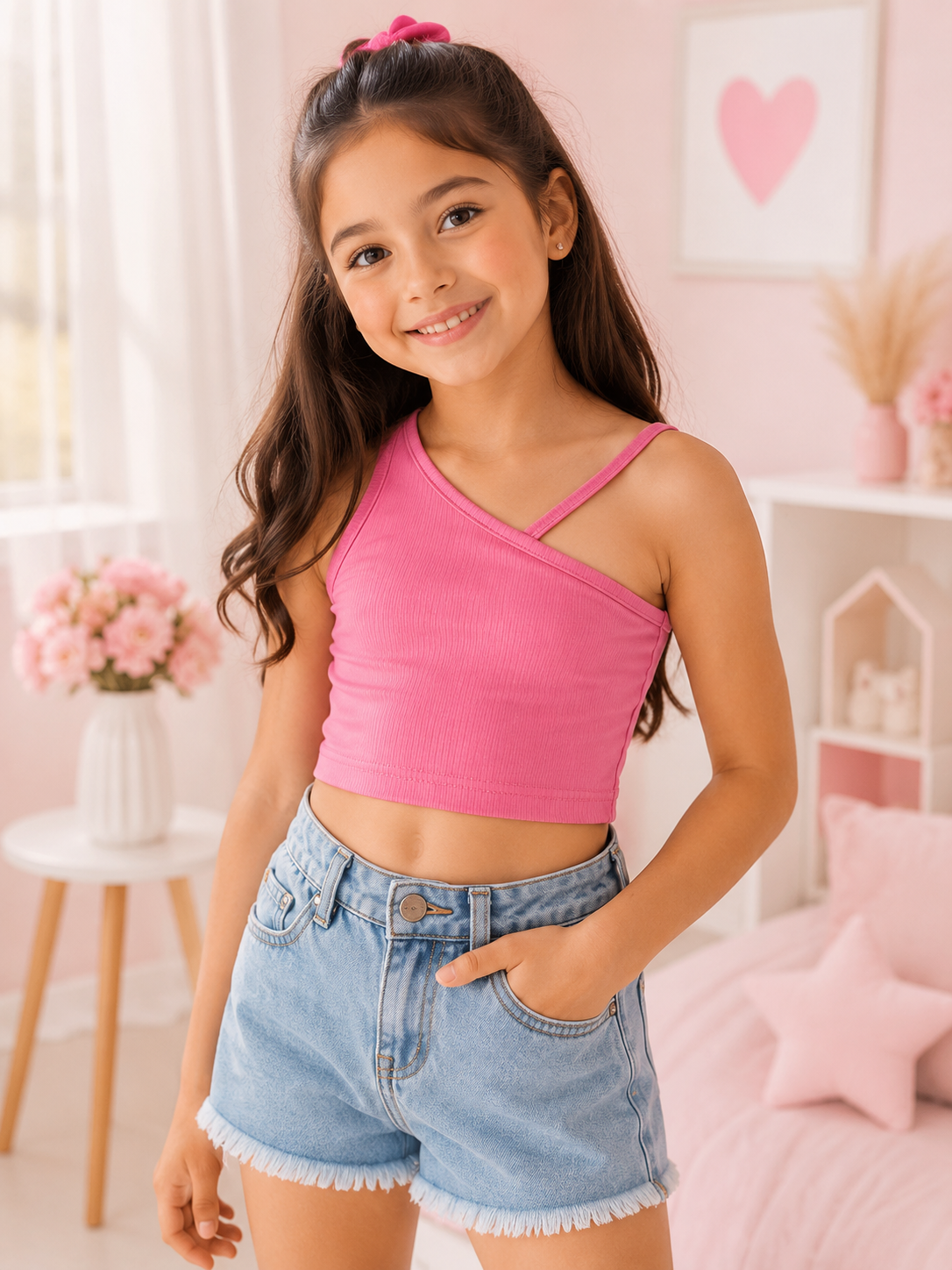 Blusa niña de un hombro rosa