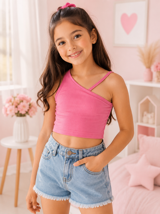 Blusa niña de un hombro rosa