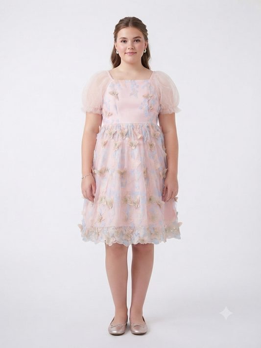 Vestido niña de tul con mariposas bordadas y mangas de tul