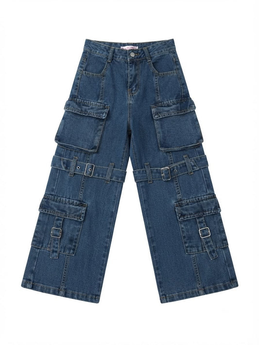 Pantalón niña cargo wide leg de mezclilla con bolsillos