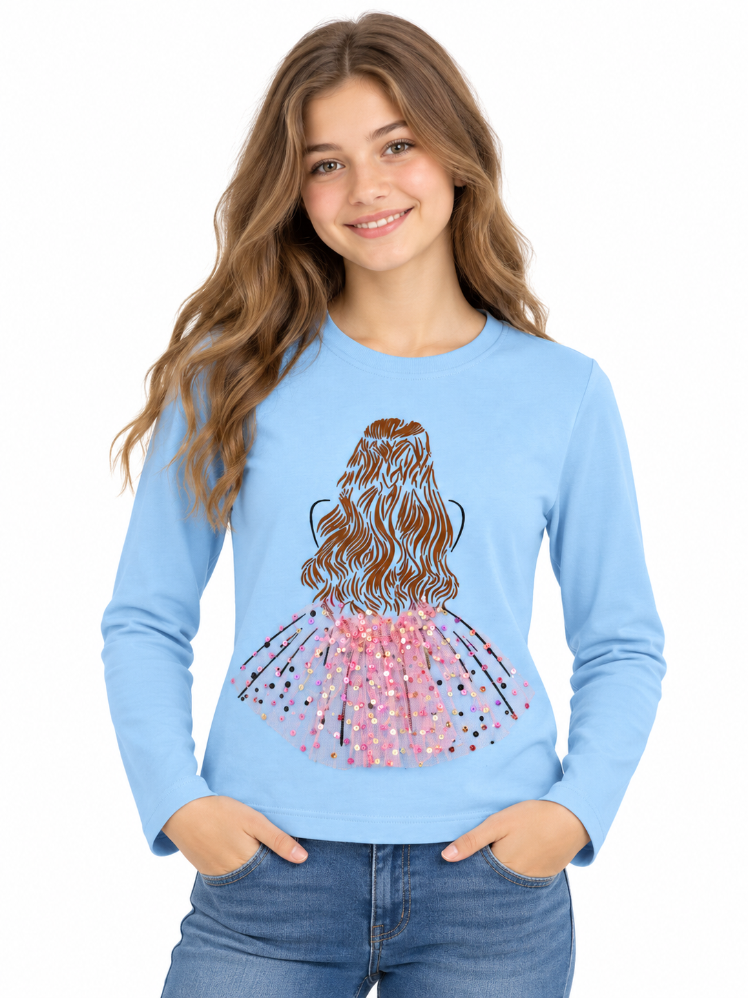 Blusa niña azul manga larga con detalle de tul