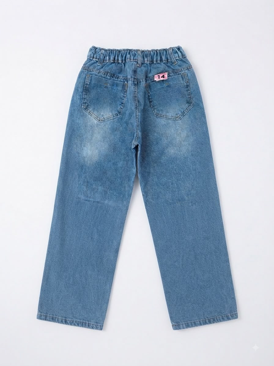 Pantalón Niña  de Mezclilla Estilo Cargo con Cintas y Lavado Vintage
