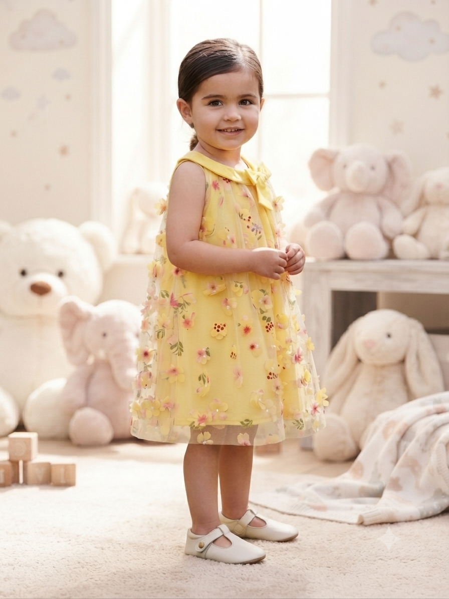 Vestido niña amarillo con tul floral y moño decorativo