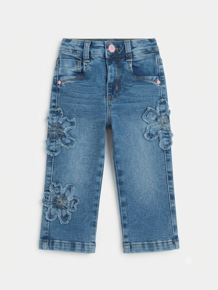 Pantalón niña de mezclilla con flores en relieve