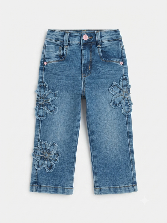 Pantalón niña de mezclilla con flores en relieve