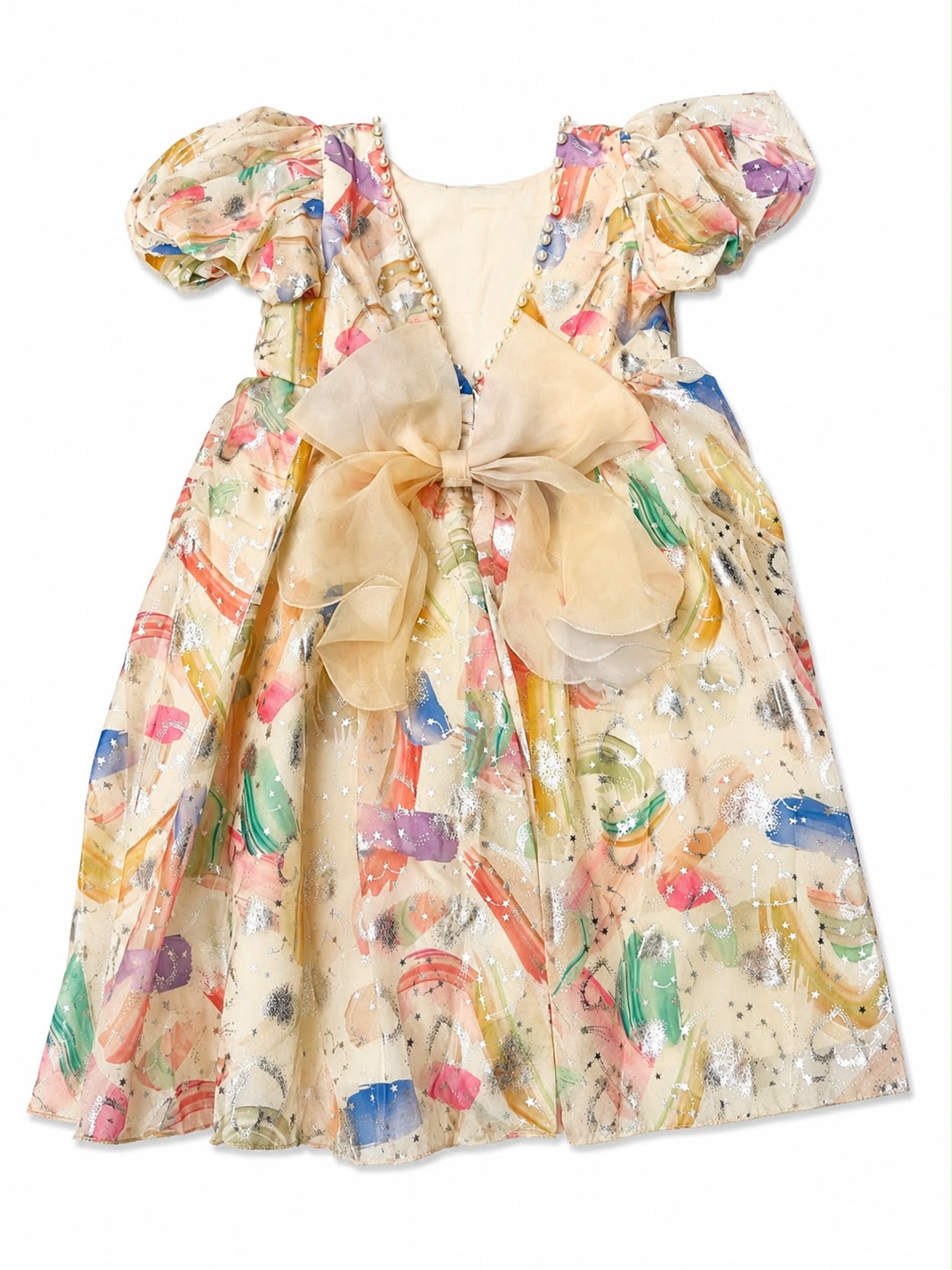 Vestido niña beige con estampado multicolor y mangas abullonadas