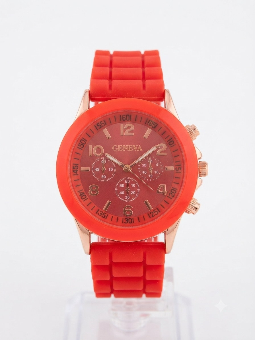 Reloj dama correa roja bisel oro rosa carátula roja