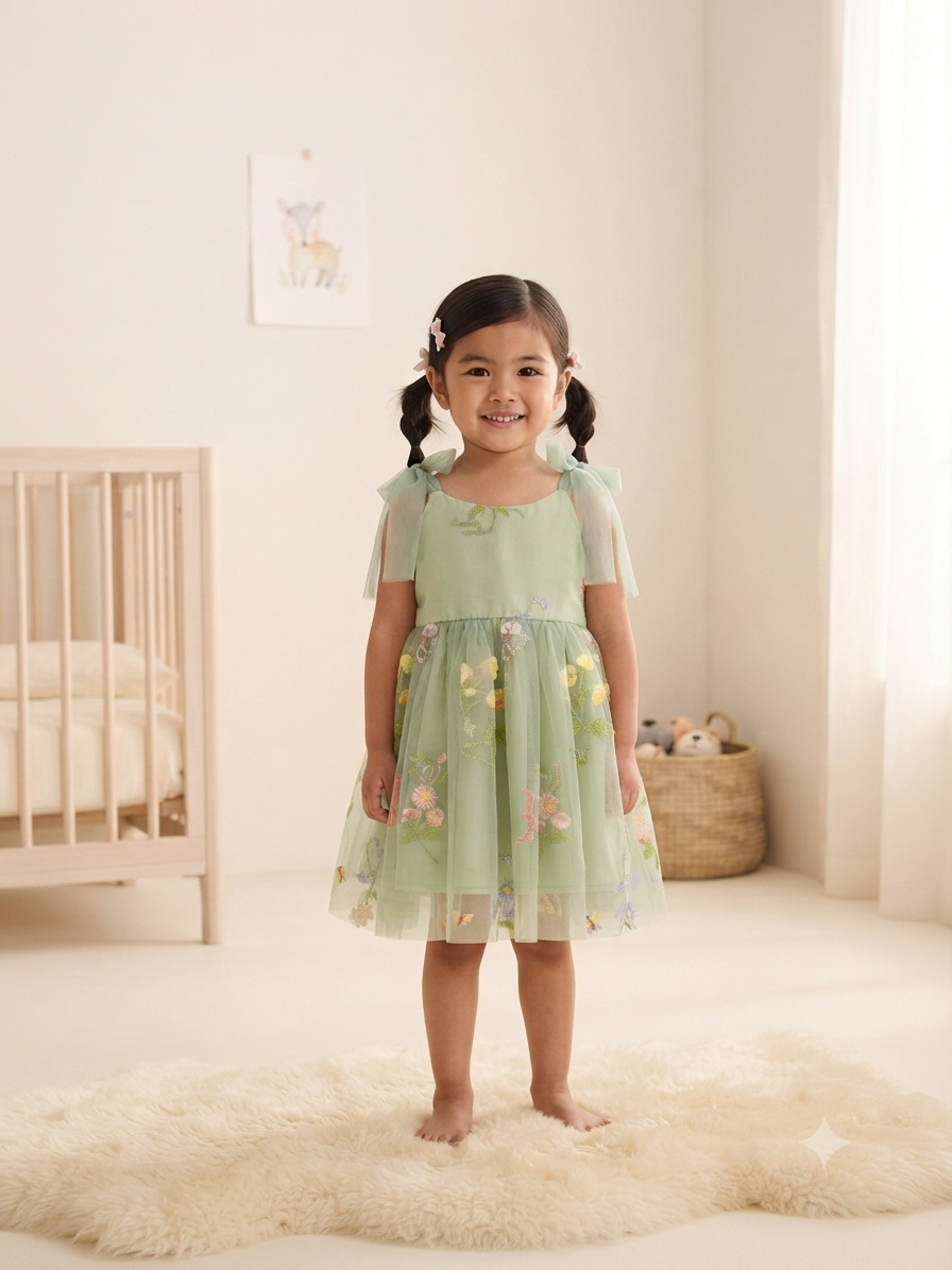Vestido niña verde menta con flores bordadas y moños