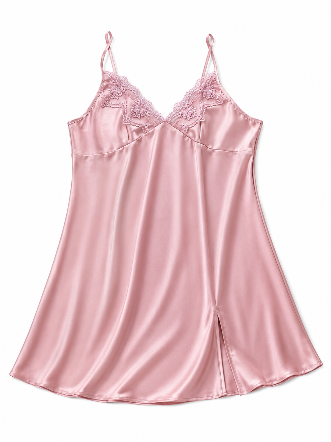 Vestido Pijama DamaSatinado Rosa con Encaje Floral