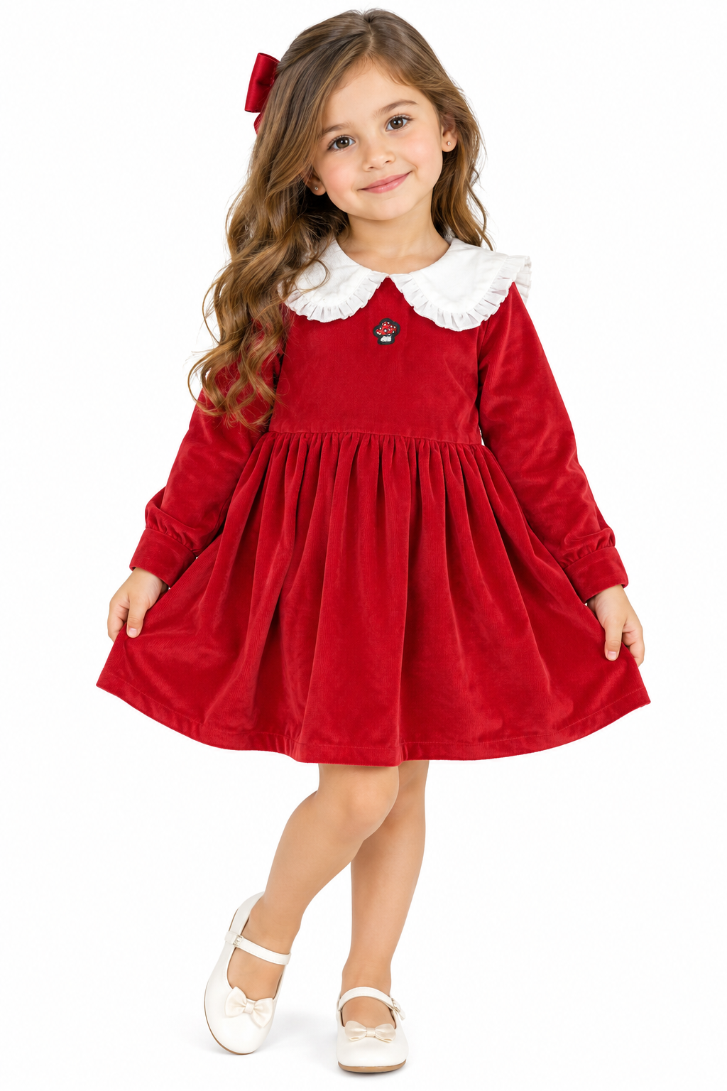 Vestido Niña de Manga Larga con Cuello Blanco y Falda Plisada