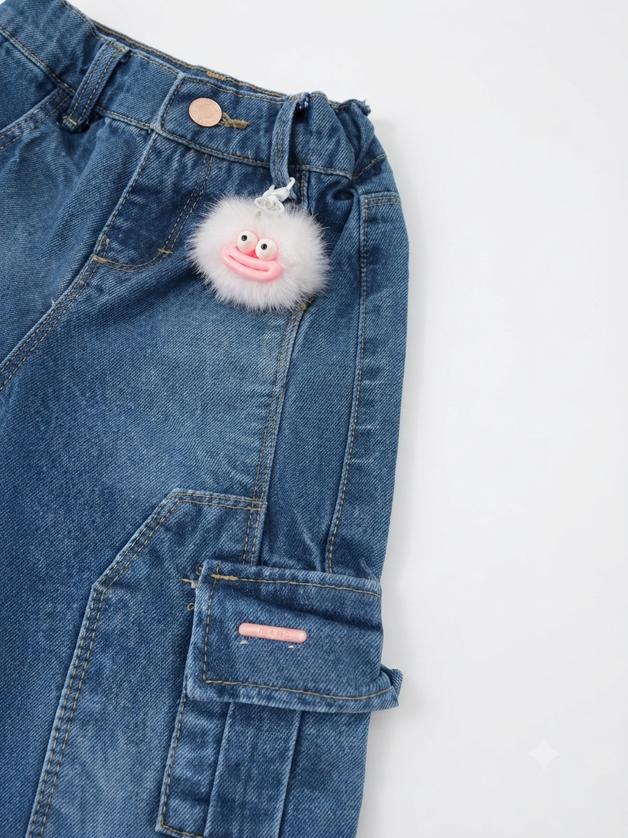 Pantalón niña cargo de mezclilla con pompón decorativo