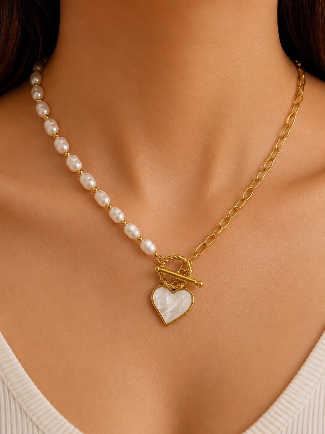 Collar accesorio dama con perlas y corazón