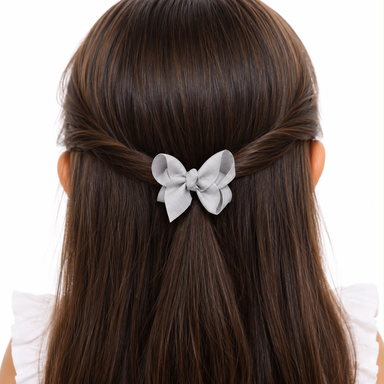 Moño chico niña gris plata con diseño de lazadas 🎀🩶