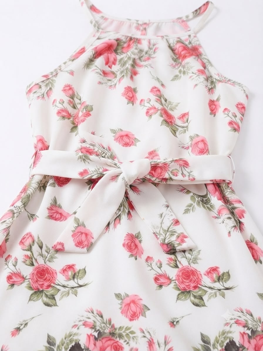 Vestido niña blanco con estampado de rosas