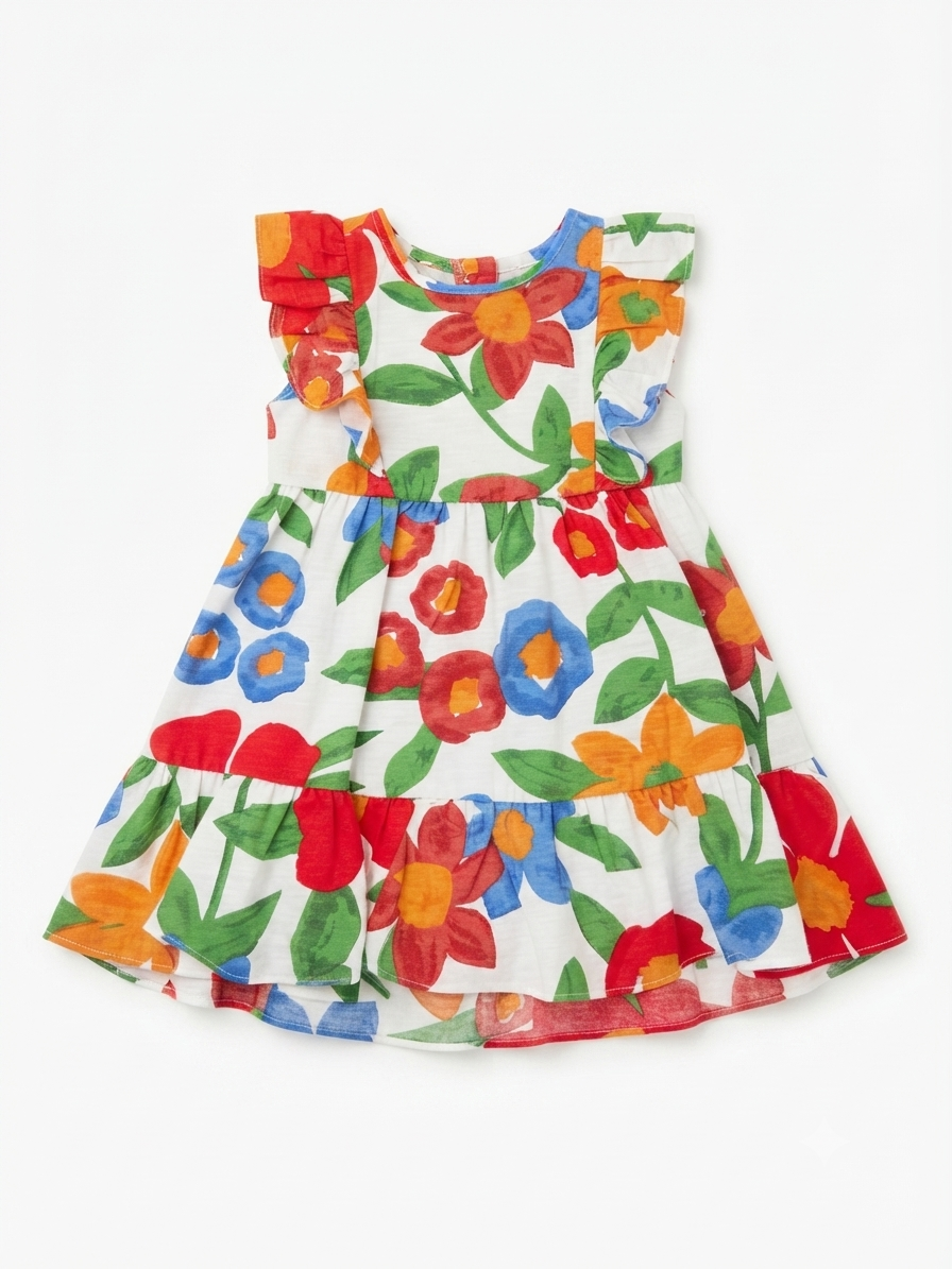 Vestido niña blanco con estampado floral multicolor y olanes en hombros
