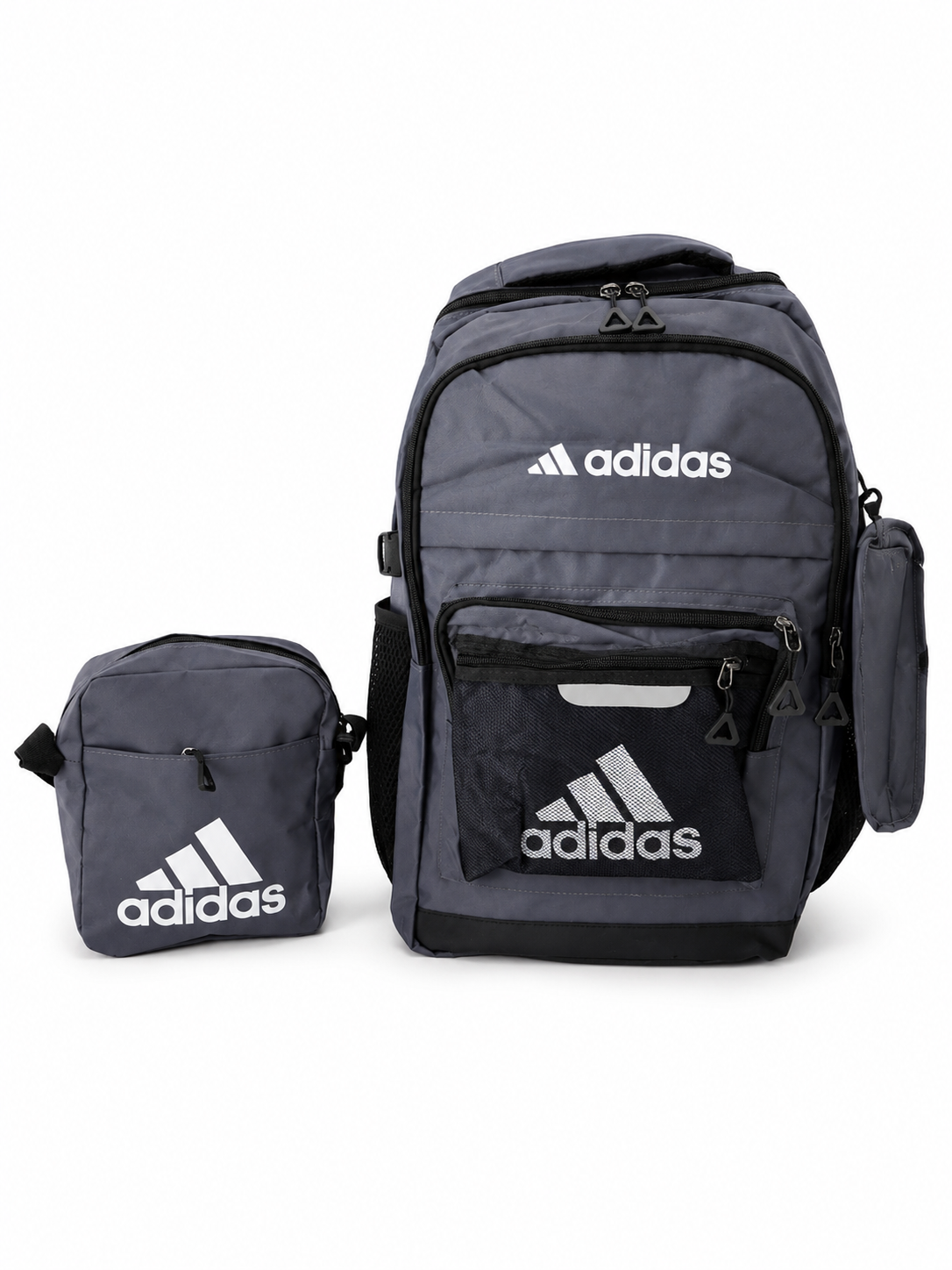 Set Mochila juvenil deportiva gris con estuche organizador y lapicera