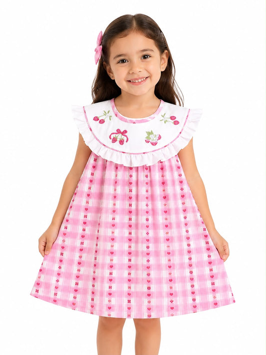 Vestido Niña rosa de fresitas con bordado hermoso 🤩