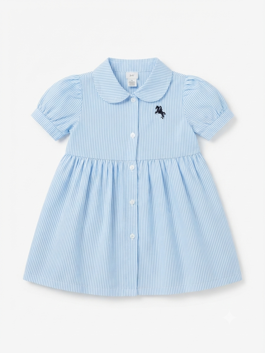 Vestido niña de rayas azul cielo con cuello clásico y manga bombacha
