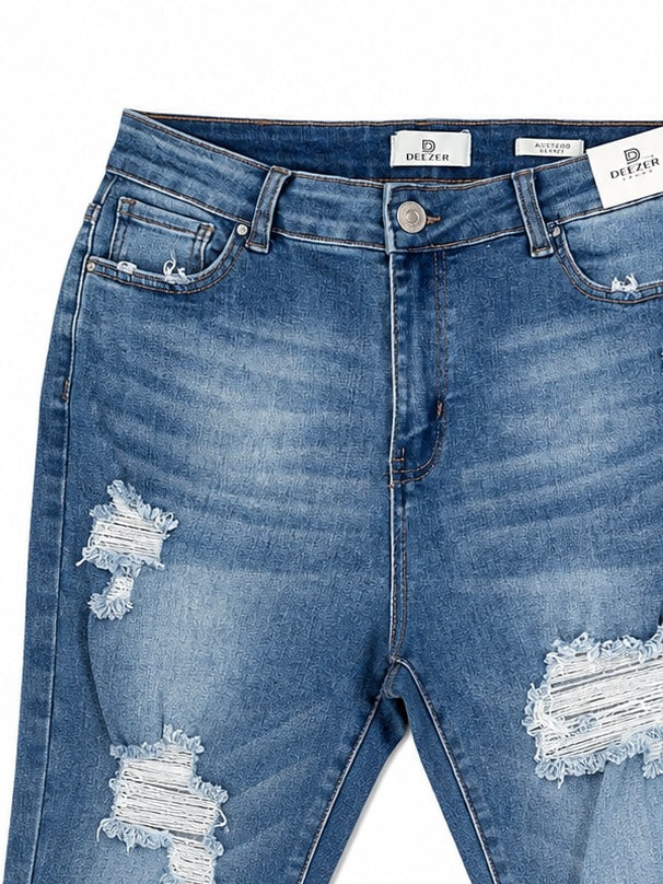 Pantalón dama mezclilla mom fit plus con rasgados