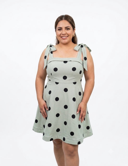 💚🤍 Vestido dama  Corto Verde Menta con Lunares 🤍💚