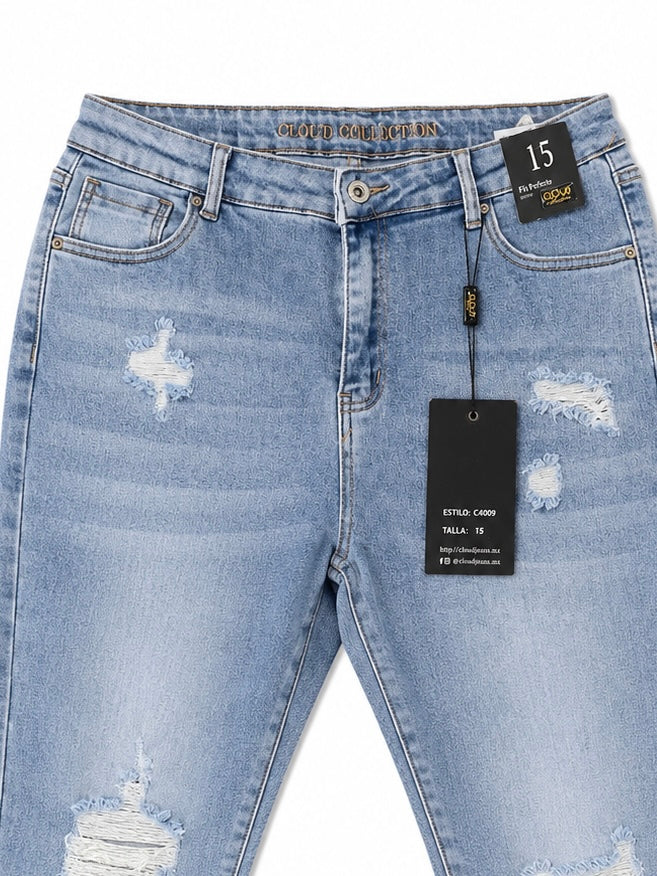 Pantalón dama mezclilla mom fit plus con rasgados