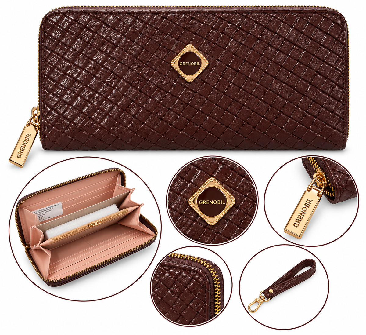 Cartera dama con textura tejida y cierre completo ✨