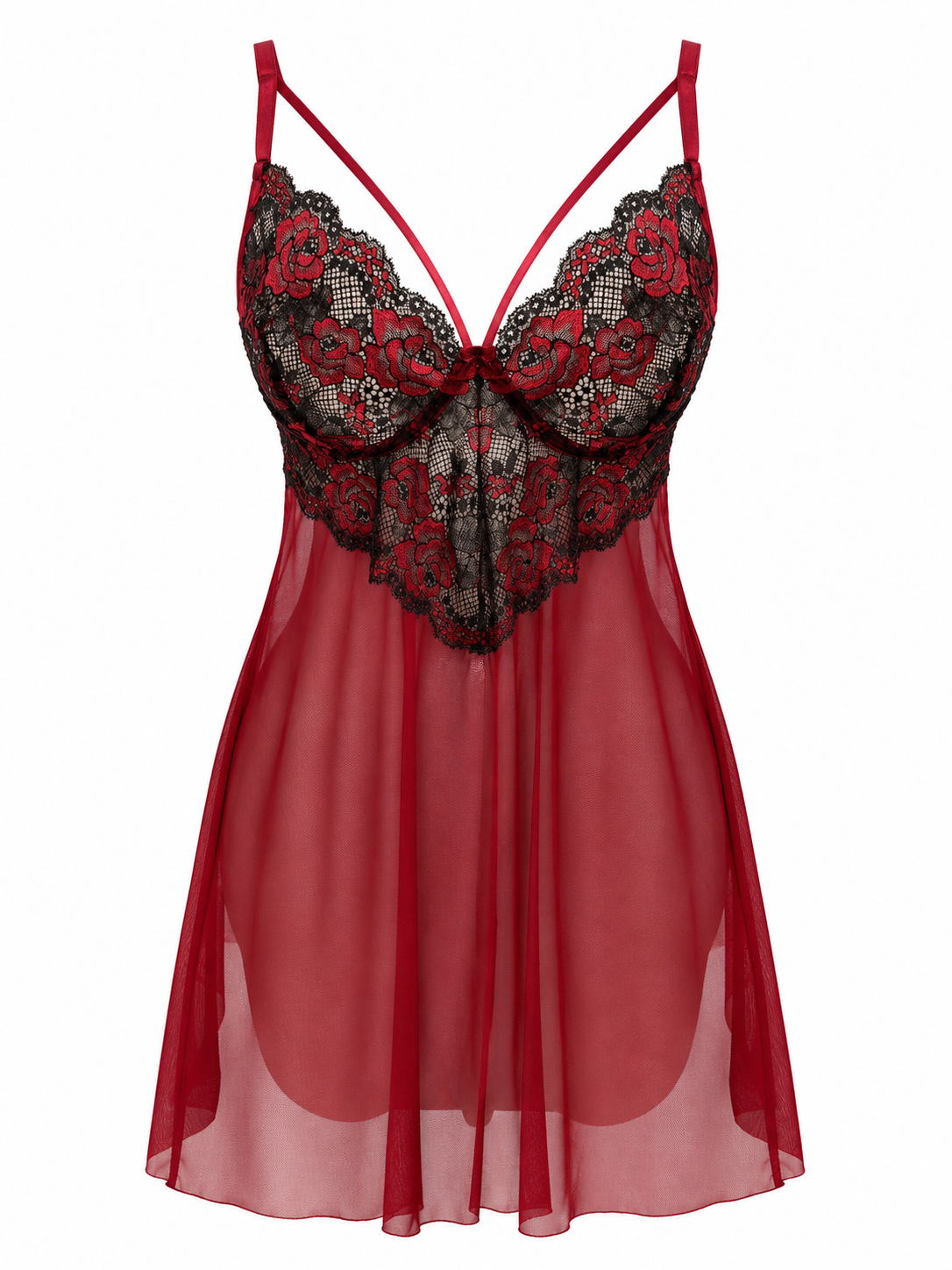 Vestido Pijama Dama Encaje Floral Rojo y Negro