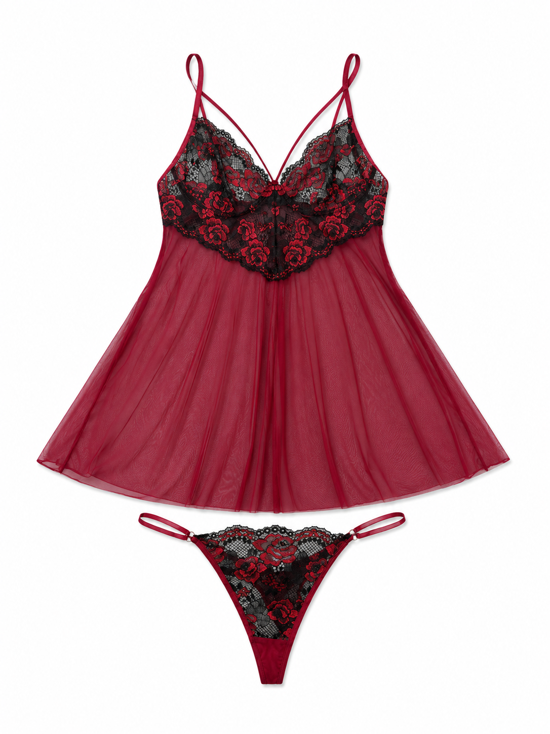 Vestido Pijama Dama Encaje Floral Rojo y Negro