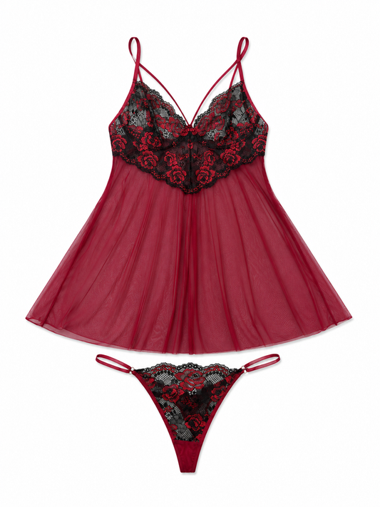Vestido Pijama Dama Encaje Floral Rojo y Negro