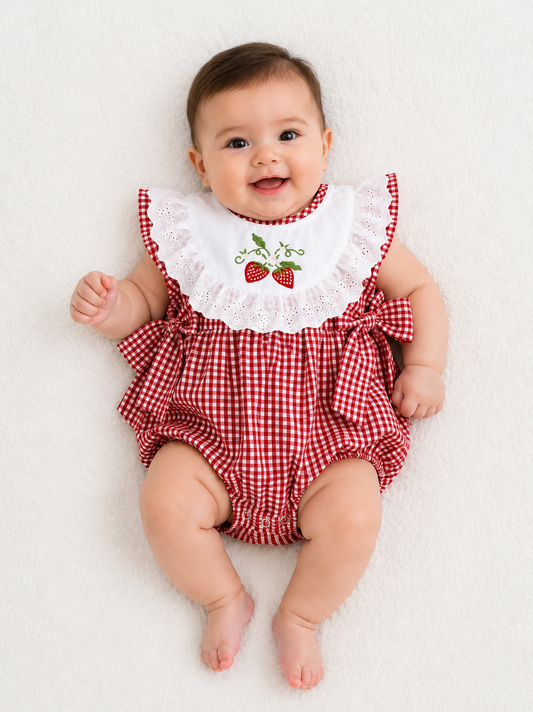 Pañalero Bebé Cuadros con Bordado de Fresas 🍓 NIÑA MESES
