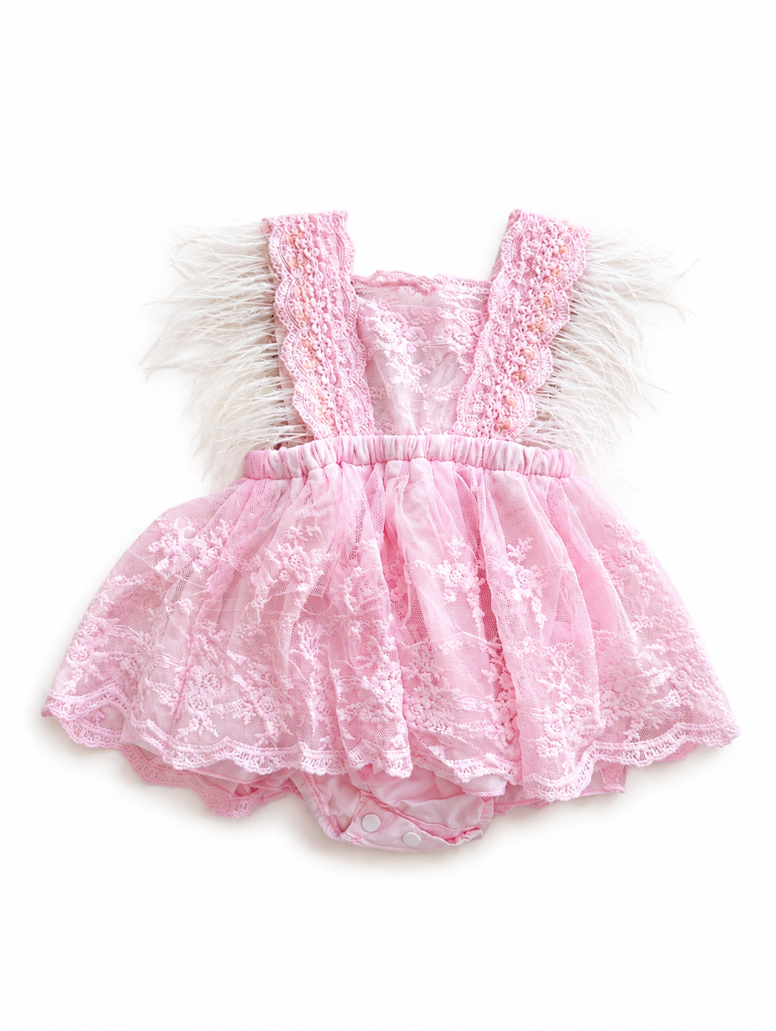 Vestido-Romper para Bebé con Encaje y Detalles de Plumas🩷 NIÑA MESES