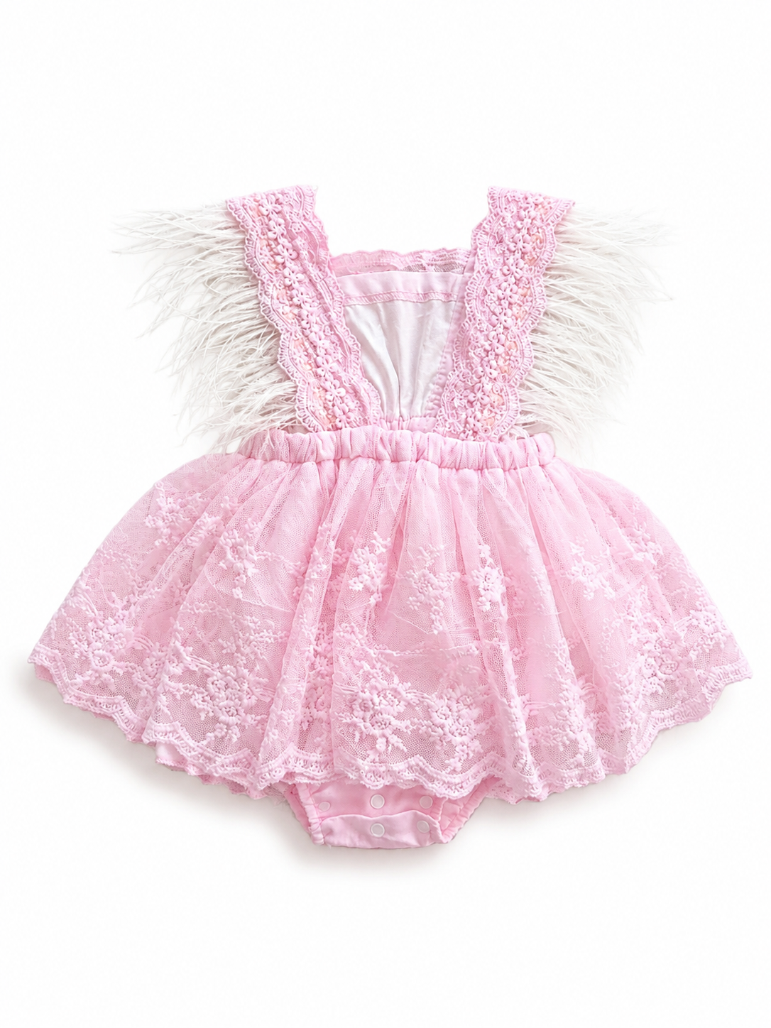 Vestido-Romper para Bebé con Encaje y Detalles de Plumas🩷 NIÑA MESES