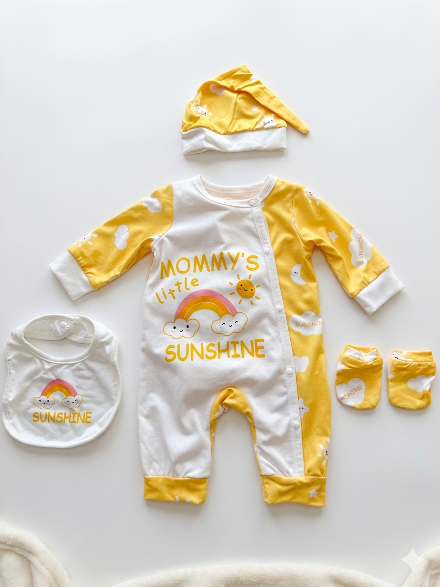 Conjunto para Bebé “Mommy’s Little Sunshine” – 4 Piezas ☀️🌈 NIÑA MESES