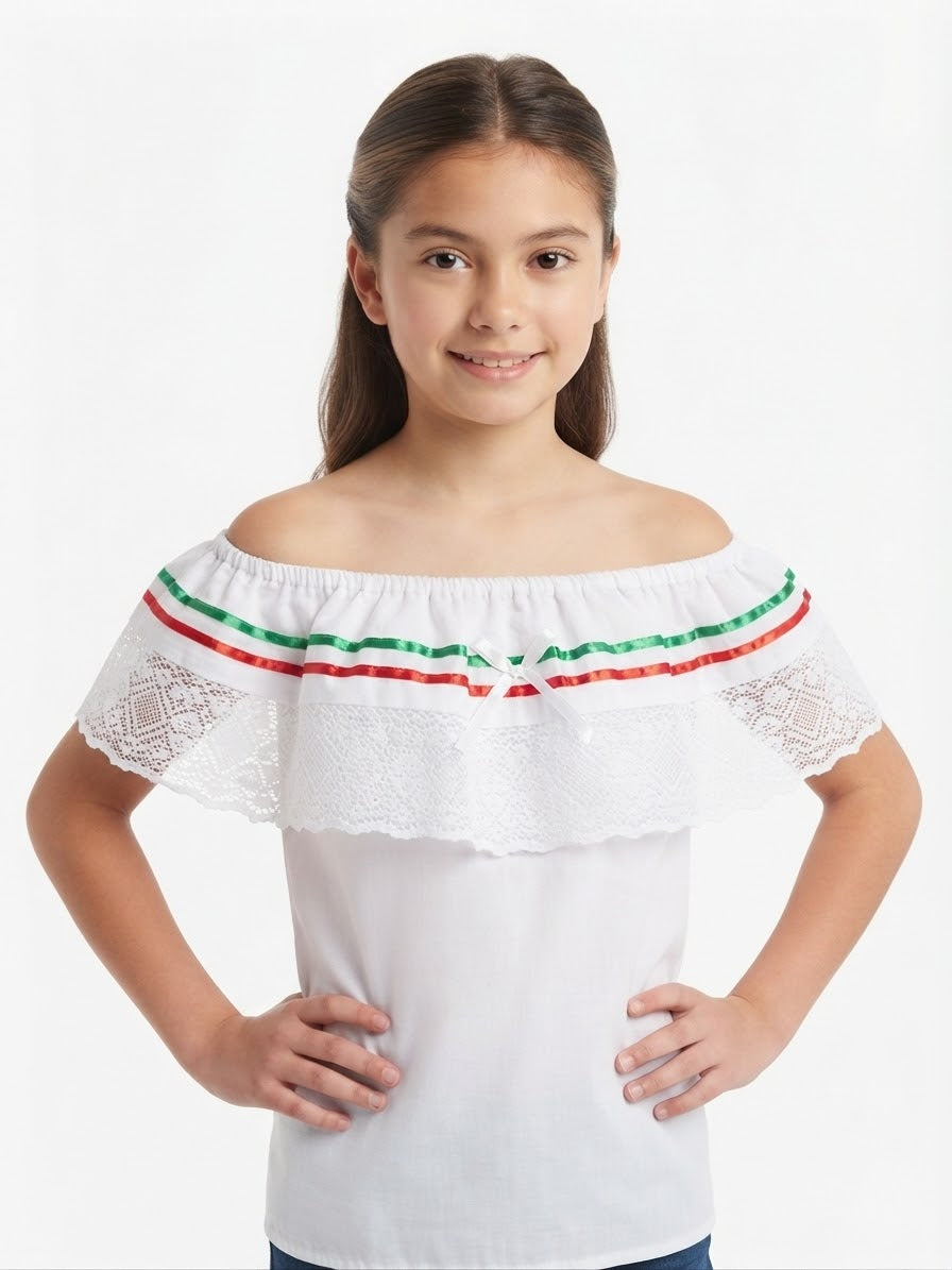 Blusa patrio infantil con encaje y detalles tricolor 🇲🇽