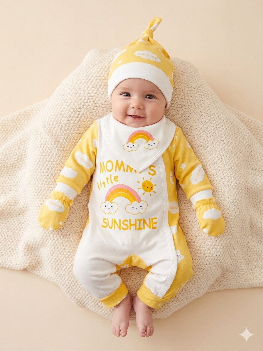 Conjunto para Bebé “Mommy’s Little Sunshine” – 4 Piezas ☀️🌈 NIÑA MESES
