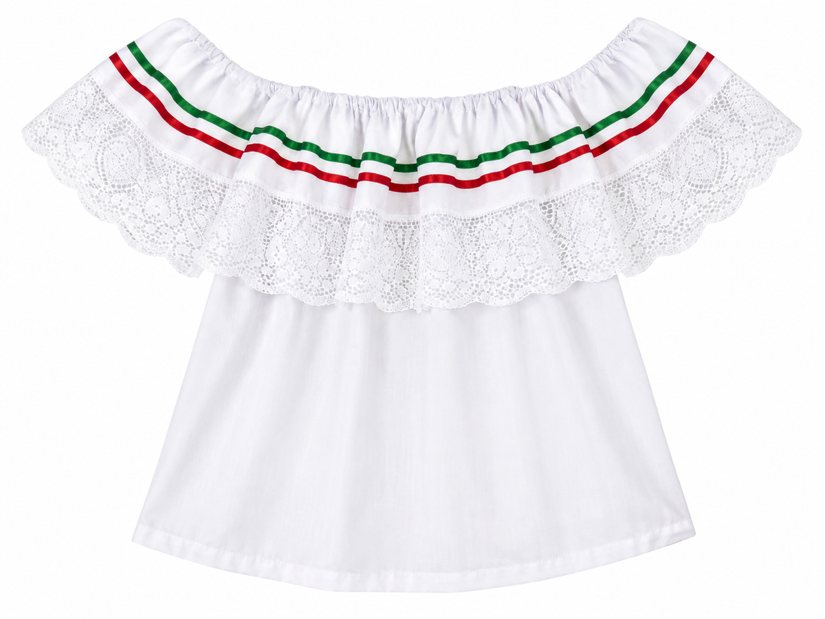 Blusa patrio infantil con encaje y detalles tricolor 🇲🇽