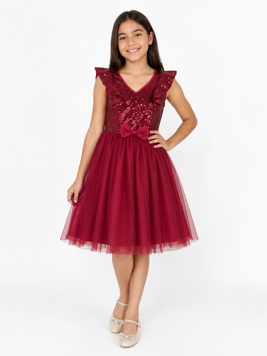 Vestido niña de lentejuelas color vino con falda tul