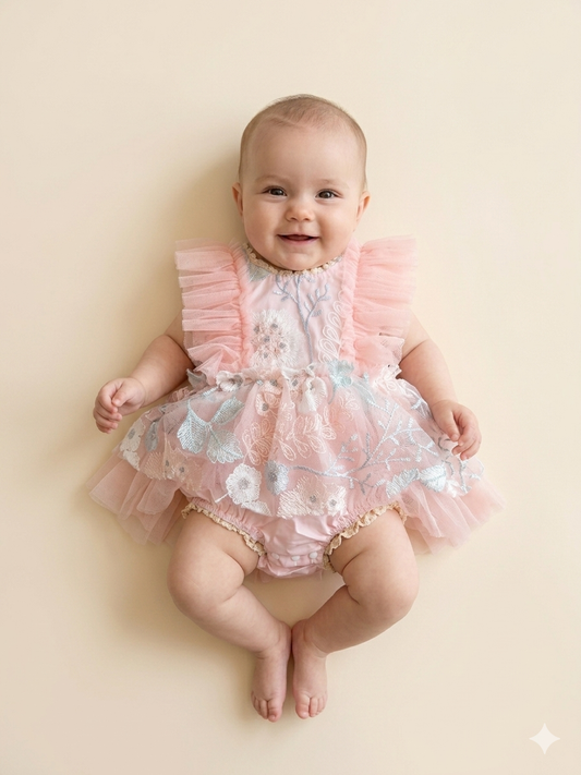 🌸 Vestido-Romper para Bebé con Bordados Florales 🌸 NIÑA MESES