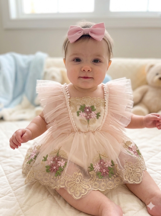 🌸 Vestido-Romper Bordado para Bebé con Diademas Incluidas 🌸 NIÑA MESES