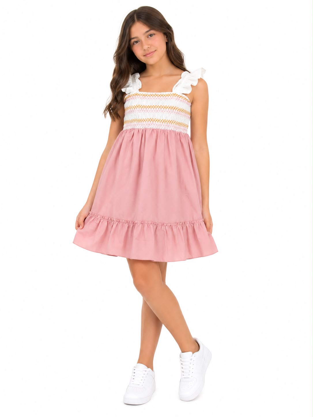 Vestido niña con pecho fruncido color rosa