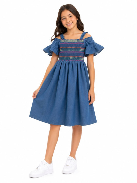 Vestido niña de mezclilla con pecho fruncido
