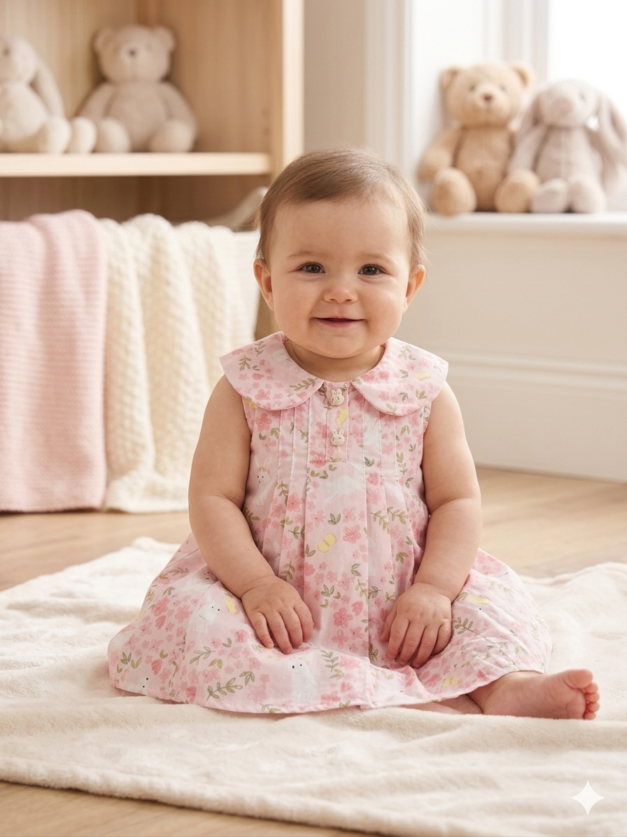 🌸 Vestido para Bebé con Estampado Floral y Conejitos 🌸 NIÑA MESES