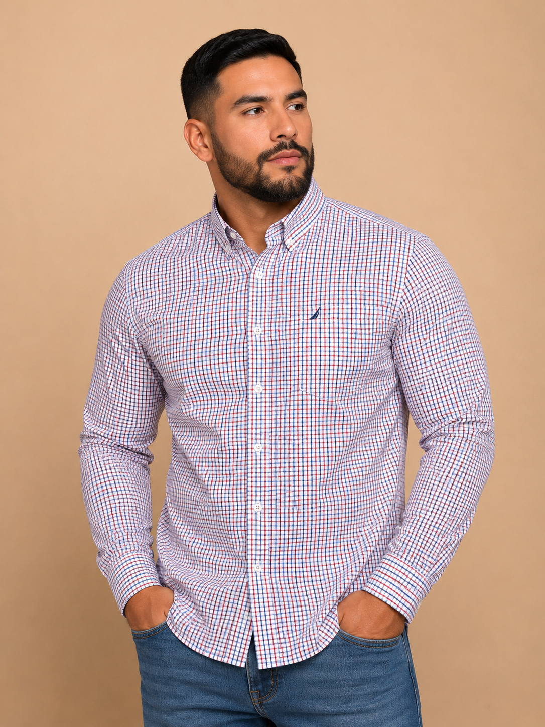 Camisa caballero grande NAUTIC@ de cuadro rojo con azul