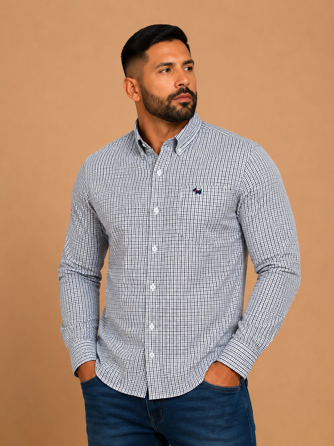 Camisa caballero grande LAC@STE de cuadro blanco con azul