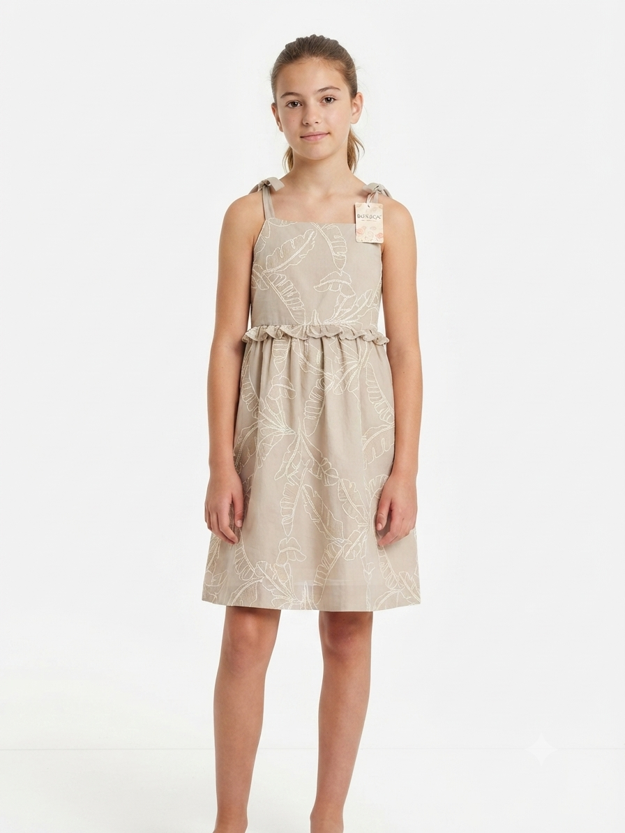 Vestido niña con estampado con hojas bordadas
