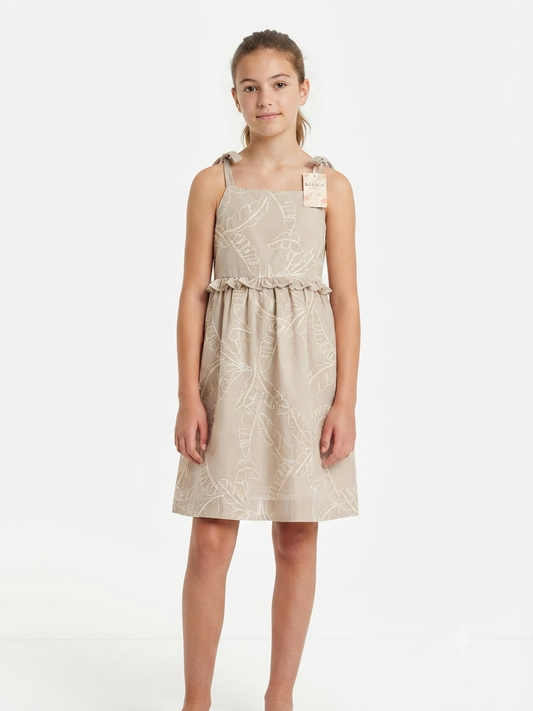 Vestido niña con estampado con hojas bordadas